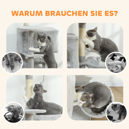 PawHut 140 cm Katzenkratzbaum, mehrere Ebenen, Sisal-Kratzpfosten, Höhlen, Plüsch-Plattformen, Hängematte, Leiter, Spielbälle