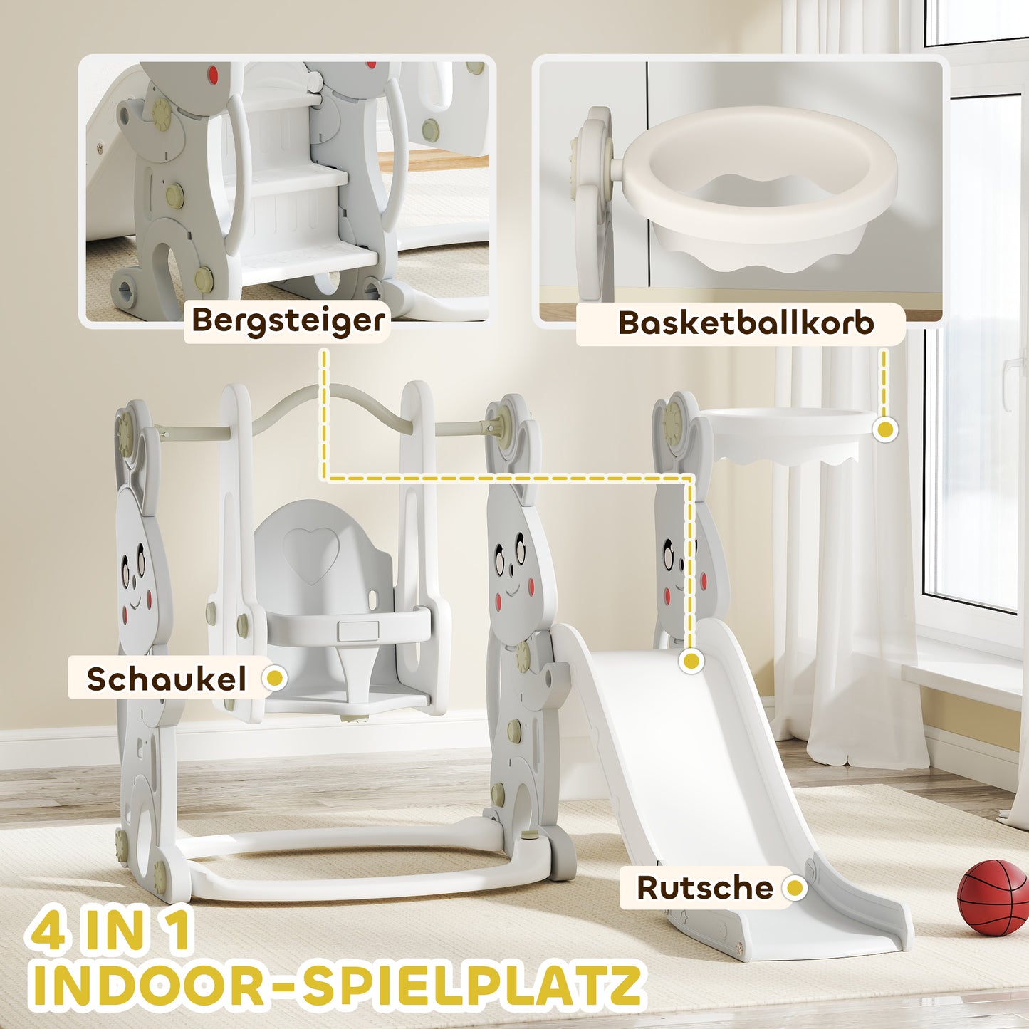 AIYAPLAY 4-in-1 Spielset für Kleinkinder, Rutsche, Schaukel, Klettergerüst, Basketballkorb, Kunststoff, Hasendesign, Grau