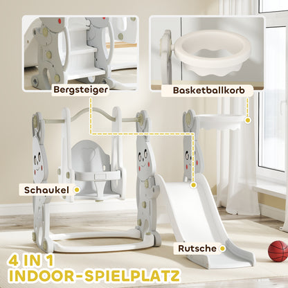 AIYAPLAY 4-in-1 Spielset für Kleinkinder, Rutsche, Schaukel, Klettergerüst, Basketballkorb, Kunststoff, Hasendesign, Grau