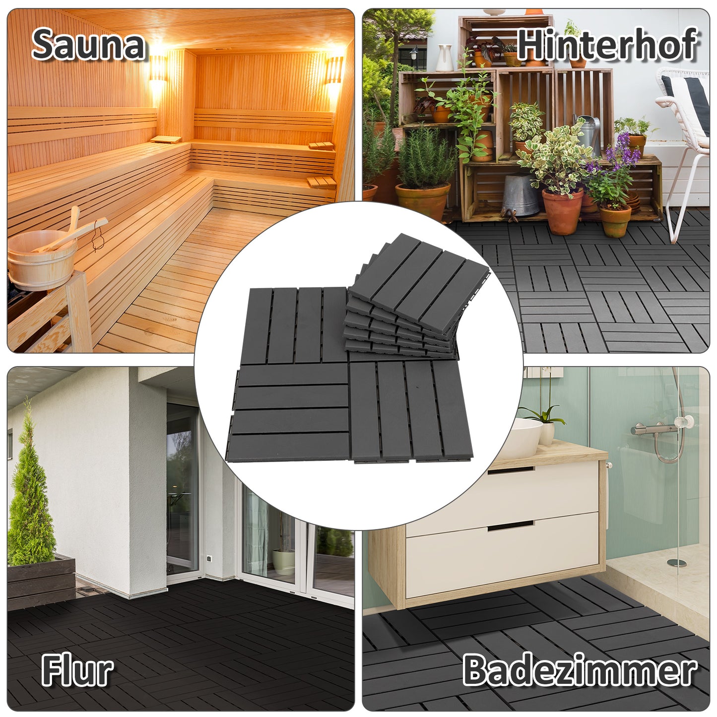 Outsunny Terrassenfliesen 30 x 30 cm 9 Stück 0,81㎡ Klickfliesen Balkonfliesen mit Klicksystem Drainagefunktion Bodenbelag Fliese für Terrasse Balkon Schwarz