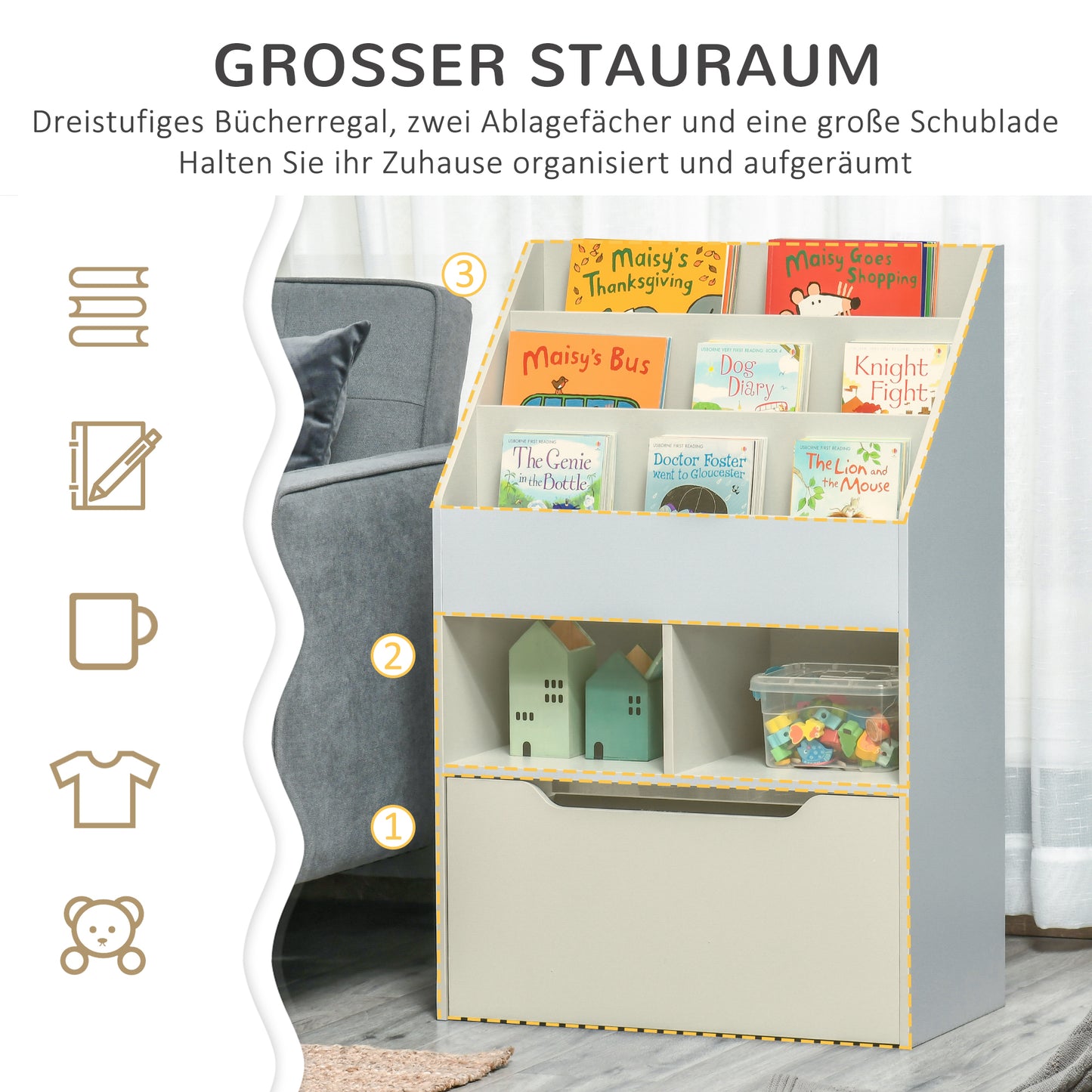 HOMCOM Kinderregal mit Schublade, Bücherregal mit Fächern, 60 x 29,9 x 90 cm, Grau