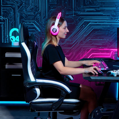 HOMCOM Gaming-Stuhl mit Fußstütze, Computerstuhl mit Kopfstütze & Kissen, Kunstleder-Bezug, drehbar, höhenverstellbar, Metall, Kunststoff, Schwarz+Weiß