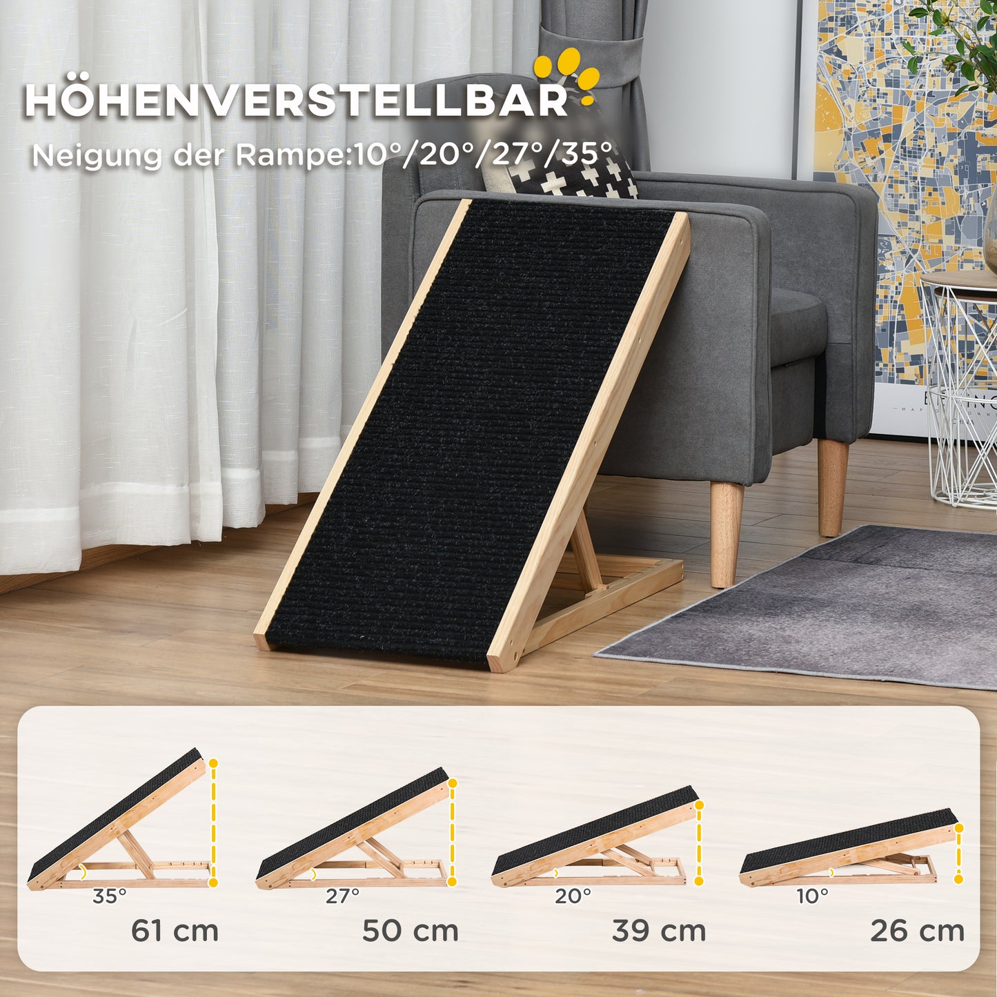 PawHut Haustierrampe mit rutschfestem Teppich verstellbarer Haustierleiter Hunderampe für großen Hund Kiefernholz Polyester Schwarz+Naturholz 90B x 40T x 61H cm