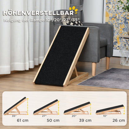 PawHut Haustierrampe mit rutschfestem Teppich verstellbarer Haustierleiter Hunderampe für großen Hund Kiefernholz Polyester Schwarz+Naturholz 90B x 40T x 61H cm