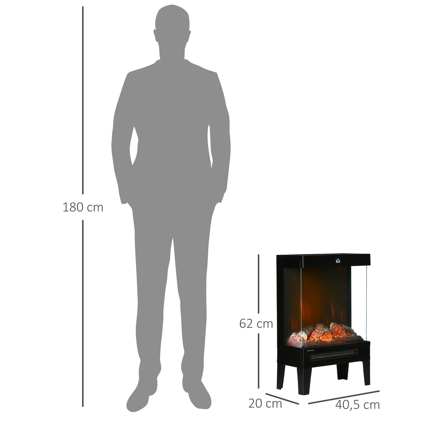 HOMCOM Elektrokamin, 2000 W, Standkamin mit Heizung LED 3D-Flammeneffekt, 4 Helligkeitsstufen, Elektrischer Kamin mit Thermostat, Überhitzungsschutz, Schwarz
