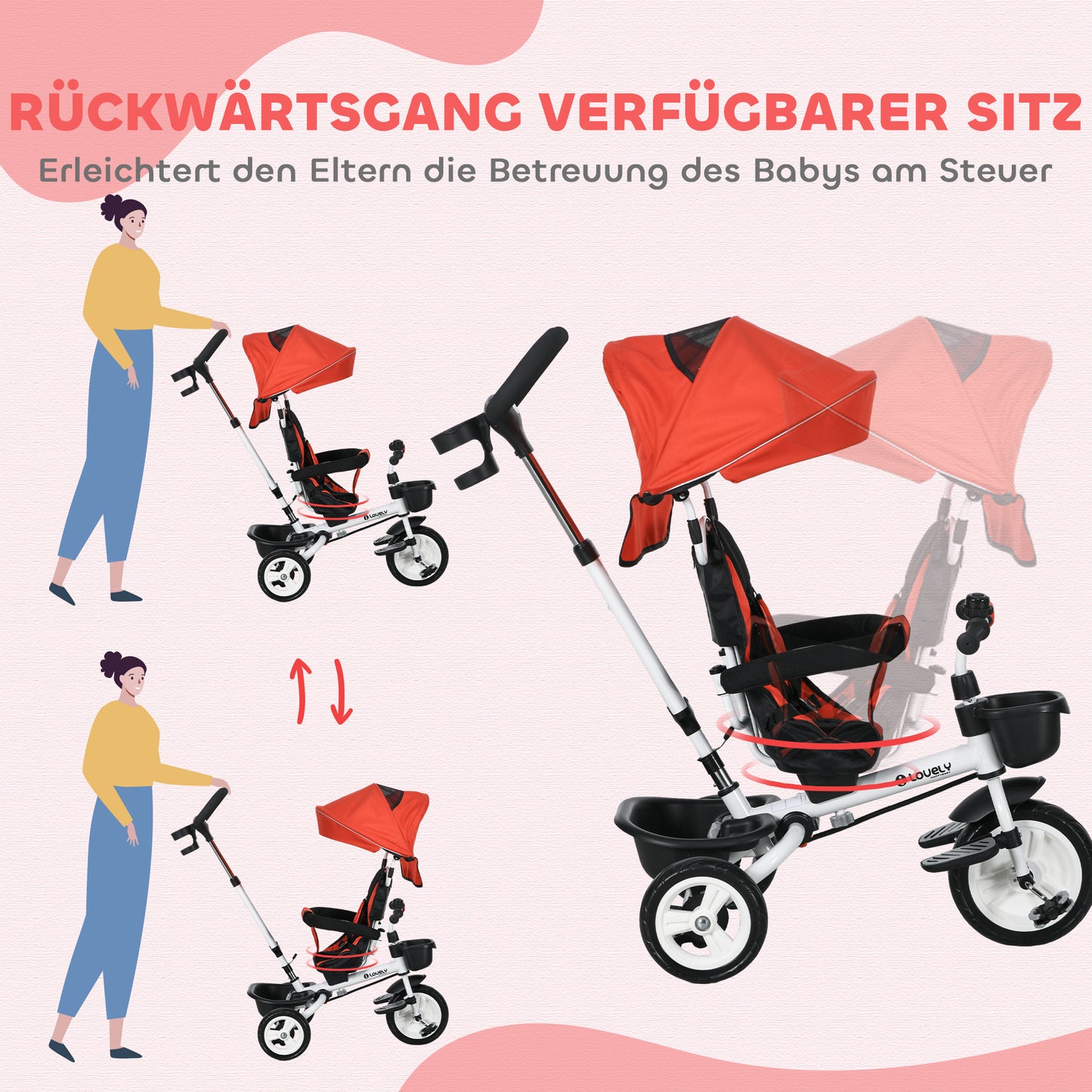 HOMCOM 6-in-1 Kinderdreirad mit Schiebestange, Dach, Gurt, Ablagekorb, 18+ Monate, Rot