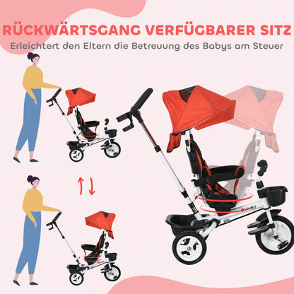 HOMCOM 6-in-1 Kinderdreirad mit Schiebestange, Dach, Gurt, Ablagekorb, 18+ Monate, Rot