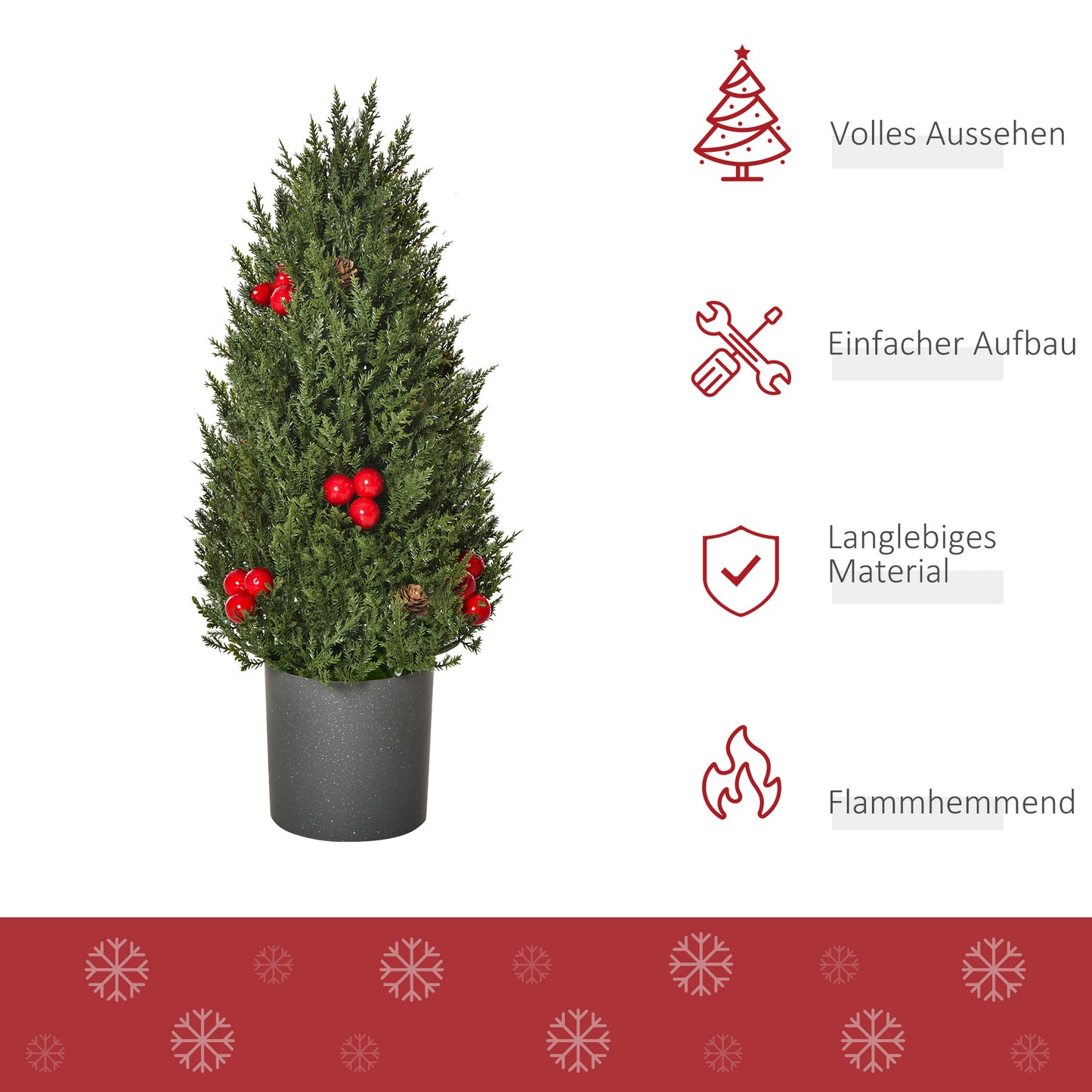 HOMCOM Mini-Weihnachtsbaum mit roten Beeren und Tannenzapfen, inkl. Übertopf 27 cm x 27 cm x 47 cm, Mehrfarbig