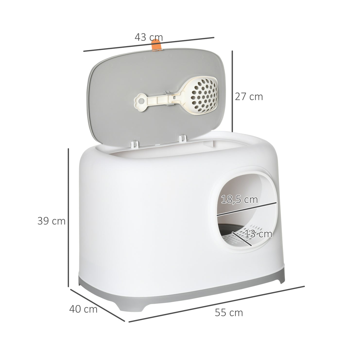 PawHut Katzenklo mit Deckel Katzentoilette mit Haube Schaufel Gitterboden XXL Katzentoilette für Katzen bis 5 كجم 55 × 40 × 39 سم أبيض