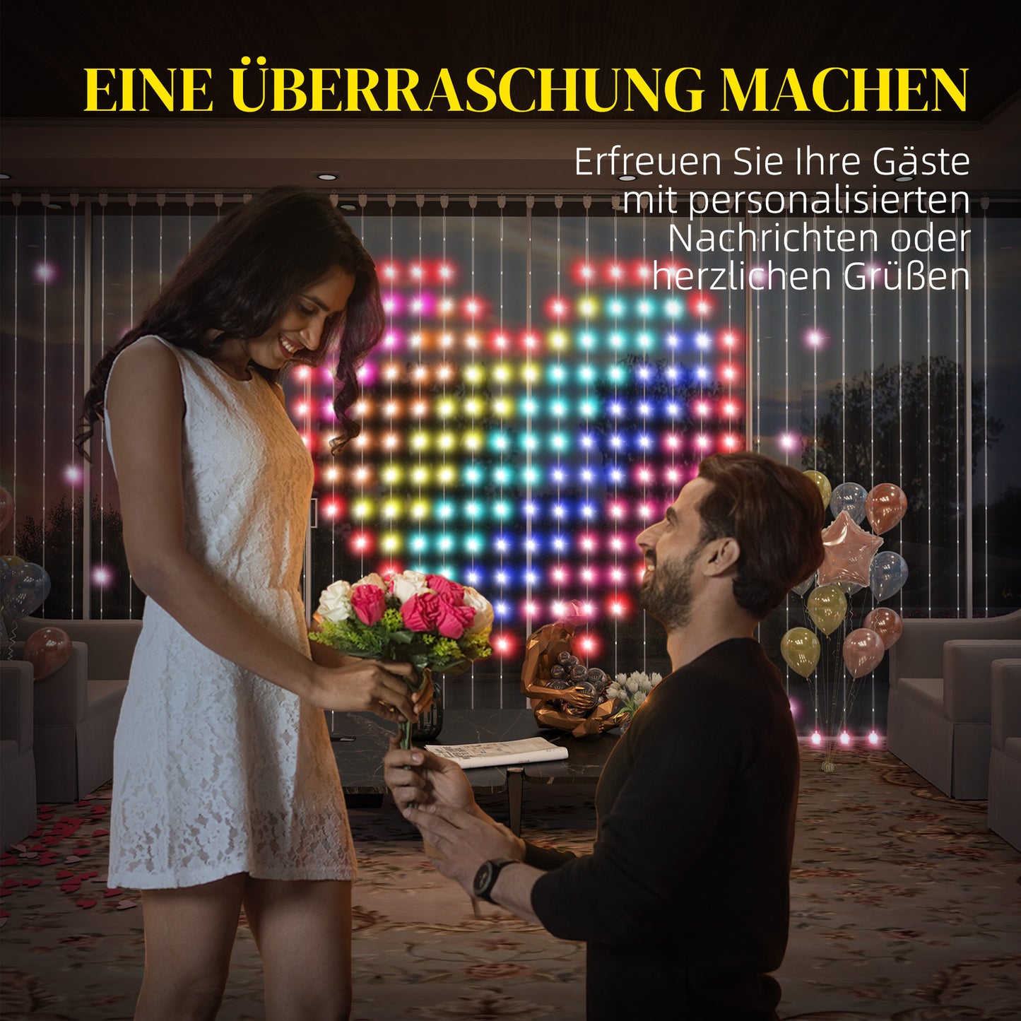 HOMCOM Vorhang mit 400 LED-Lichtern، Dynamische Lichterketten mit Musiksynchronisation für Schlafzimmer، Wohnzimmer، 3 x 3 م