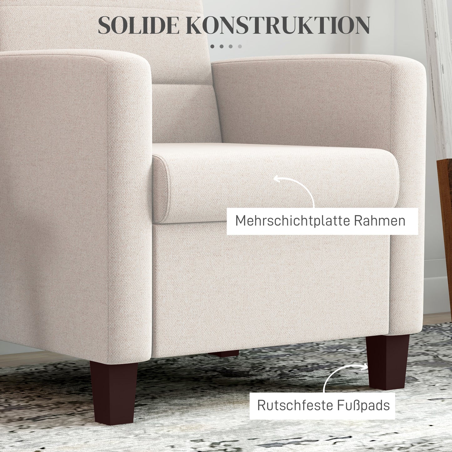 HOMCOM Polstersessel i Leinenoptik, Schaumstoff, Sitzkissen, Holzrahmen, Cremeweiß