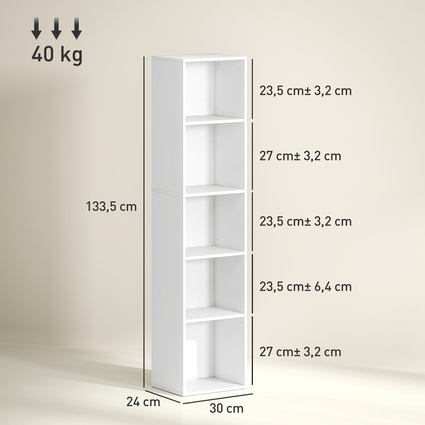 HOMCOM Bücherregal, 5 Fächer, verstellbare Regale, Holz, 30 x 24 x 133,5 cm, Weiß