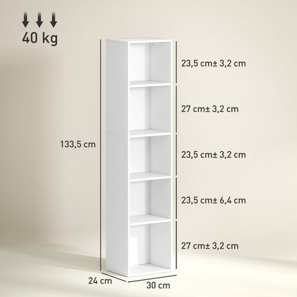 HOMCOM Bücherregal, 5 Fächer, verstellbare Regale, Holz, 30 x 24 x 133,5 cm, Weiß