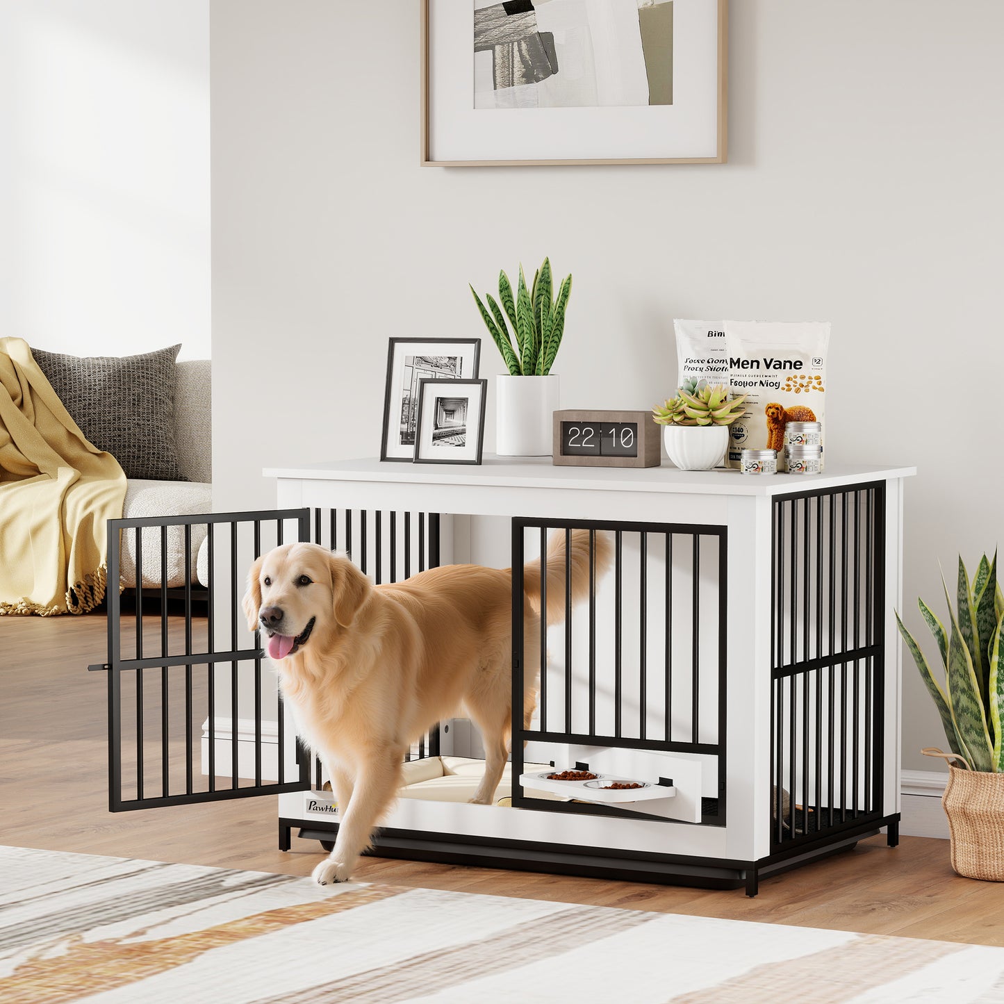 PawHut Große Hundebox, einfacher Zugang, verschließbar, drehbarer Schüsselhalter, für kleine und große Hunde, Weiß