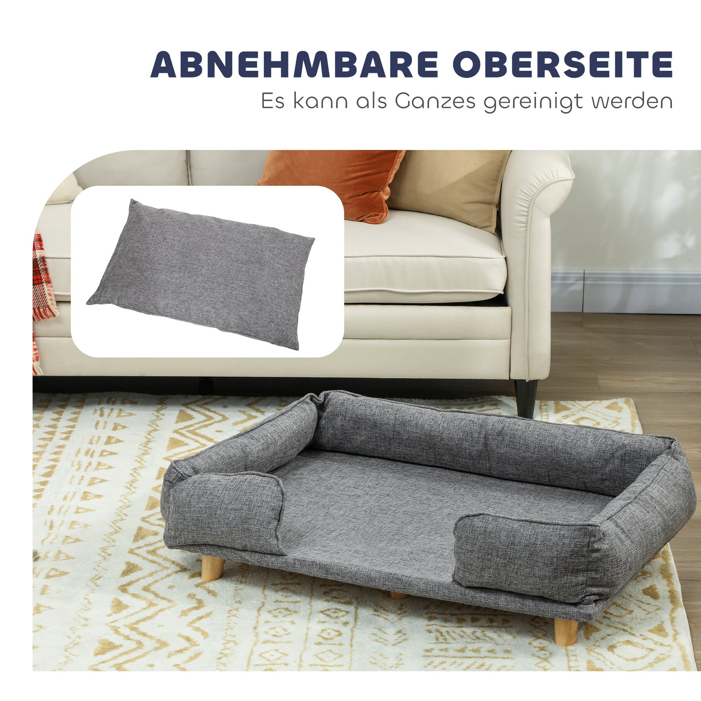 PawHut Hundesofa, Haustiersofa, Haustierbett, abnehmbares u. waschbares Polster, Natur+ Dunkelgrau