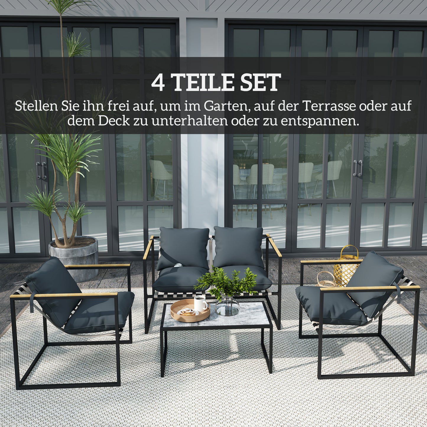 Outsunny 4-teiliges Gartenmöbelset, Outdoor-Möbel-Set, 2 Sessel, 2er Sofa, 1 Tisch, gepolstert, Stahl, Polyester, Grau