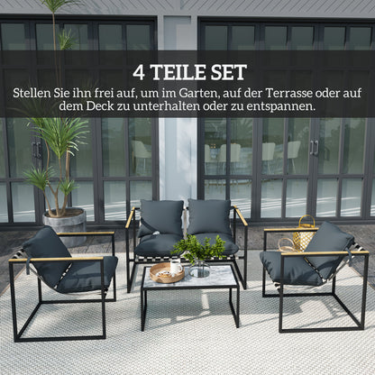 Outsunny 4-teiliges Gartenmöbelset, Outdoor-Möbel-Set, 2 Sessel, 2er Sofa, 1 Tisch, gepolstert, Stahl, Polyester, Grau