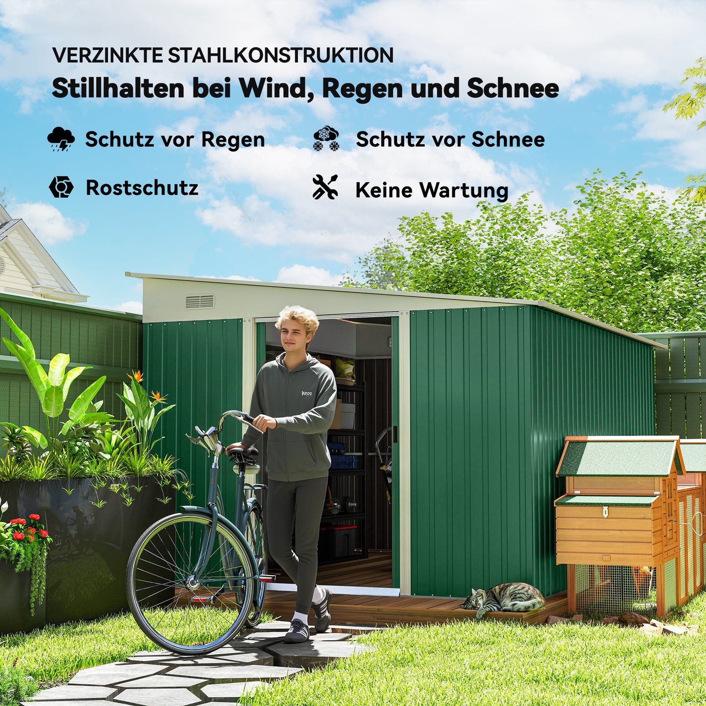 Outsunny Metall-Geräteschuppen Schrägdach verriegelbare Doppeltür 2,8 x 3,45 x 2,01m Grün