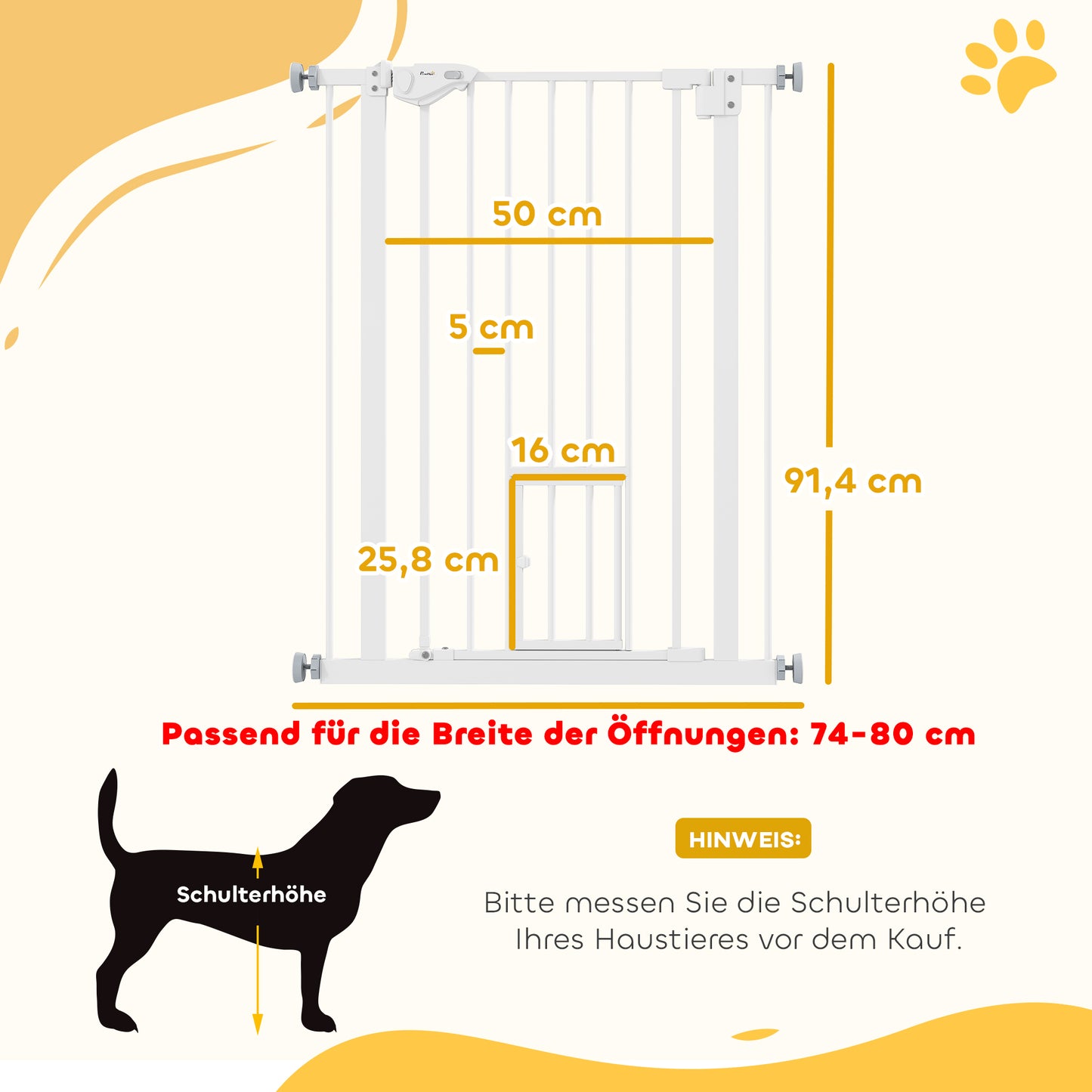 PawHut Türgitter mit Katzenklappe, Montage ohne Bohren, variable Breite 74-80 cm, einhändiges Öffnen, Metall, Weiß