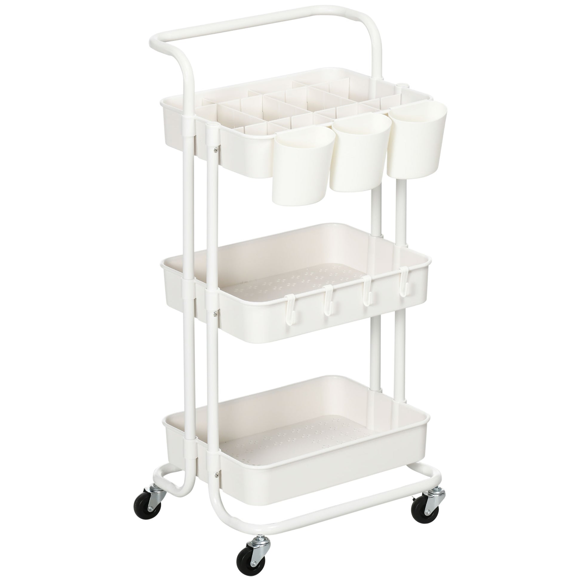HOMCOM Rollwagen, Servierwagen, 3 Ablagekörbe, 3 Hängeboxen, 4 Haken, Metallrahmen, 42 x 38 x 86,5cm, Weiß