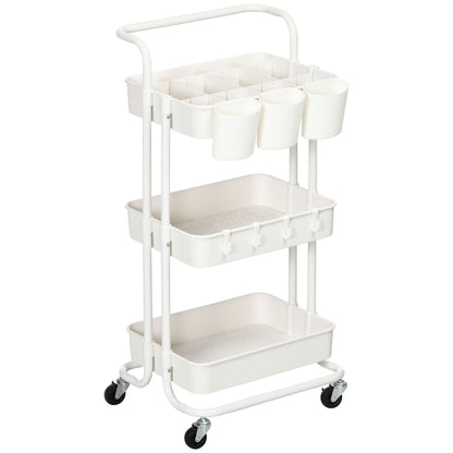 HOMCOM Rollwagen, Servierwagen, 3 Ablagekörbe, 3 Hängeboxen, 4 Haken, Metallrahmen, 42 x 38 x 86,5cm, Weiß