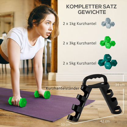 SPORTNOW Hantelset mit Aufbewahrungsgestell, Set mit 6 Hanteln für Fitness-Training, 2 x 1kg, 2 x 3kg, 2 x 5kg