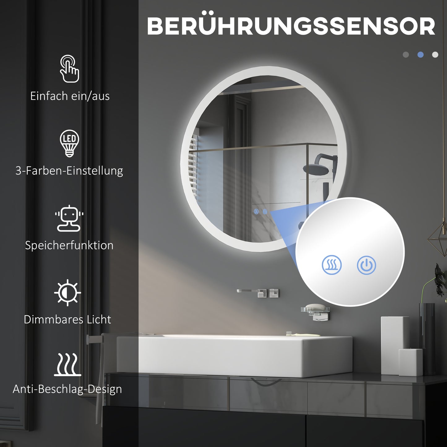kleankin Badezimmerspiegel Badspiegel mit LED-Licht Berührungssensor Antibeschlagfunktion