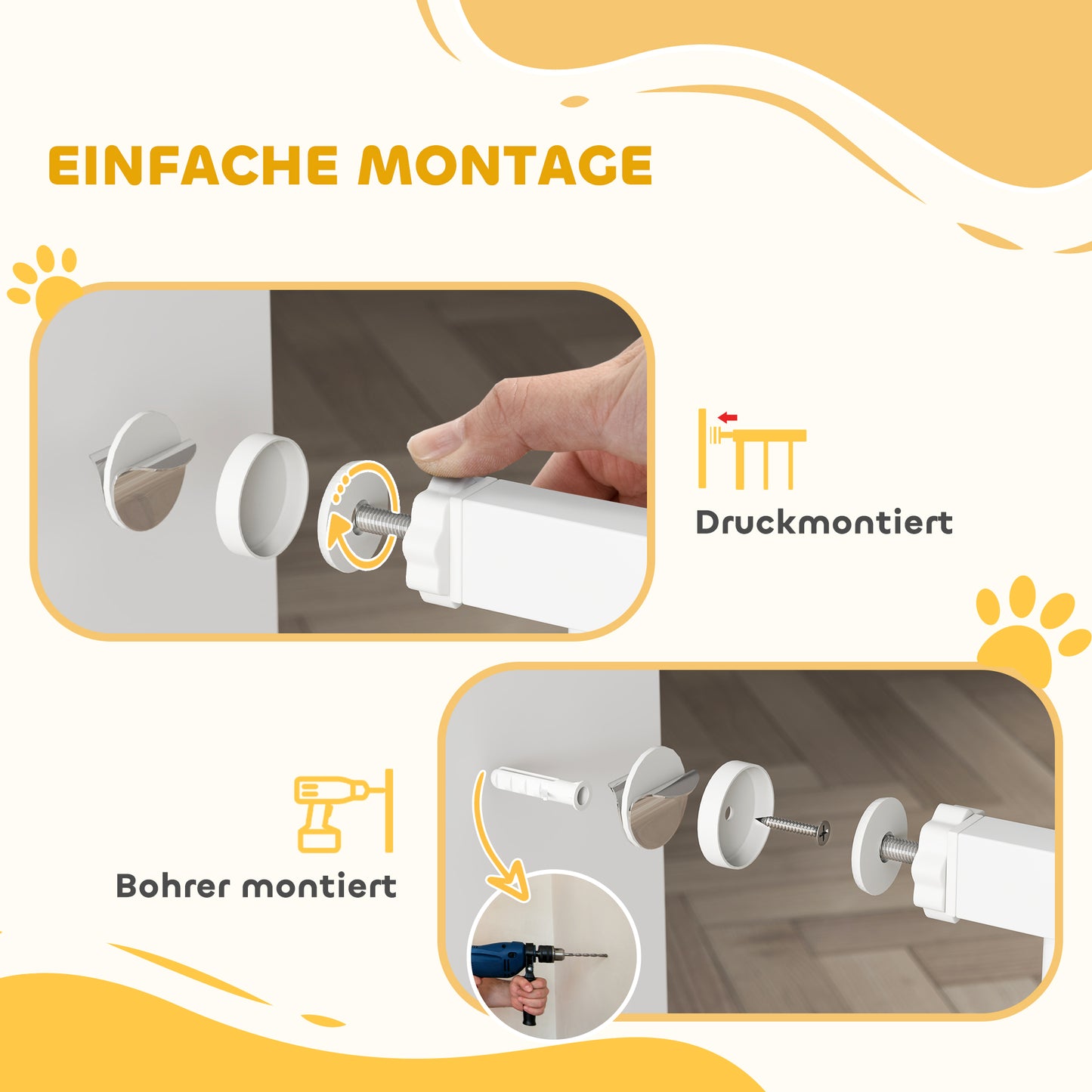 PawHut Hunde-Absperrgitter, doppelte Verriegelung, selbstschließende Tür, 104 cm hoch, Stahl, Weiß