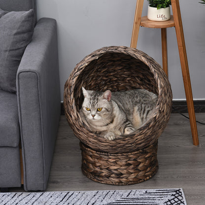 PawHut Katzenkorb aus Wasserhyazinthe inkl. Kissen, Katzenbett, Haustierbett,50 cm x 42 cm x 60 cm, Braun + Beige