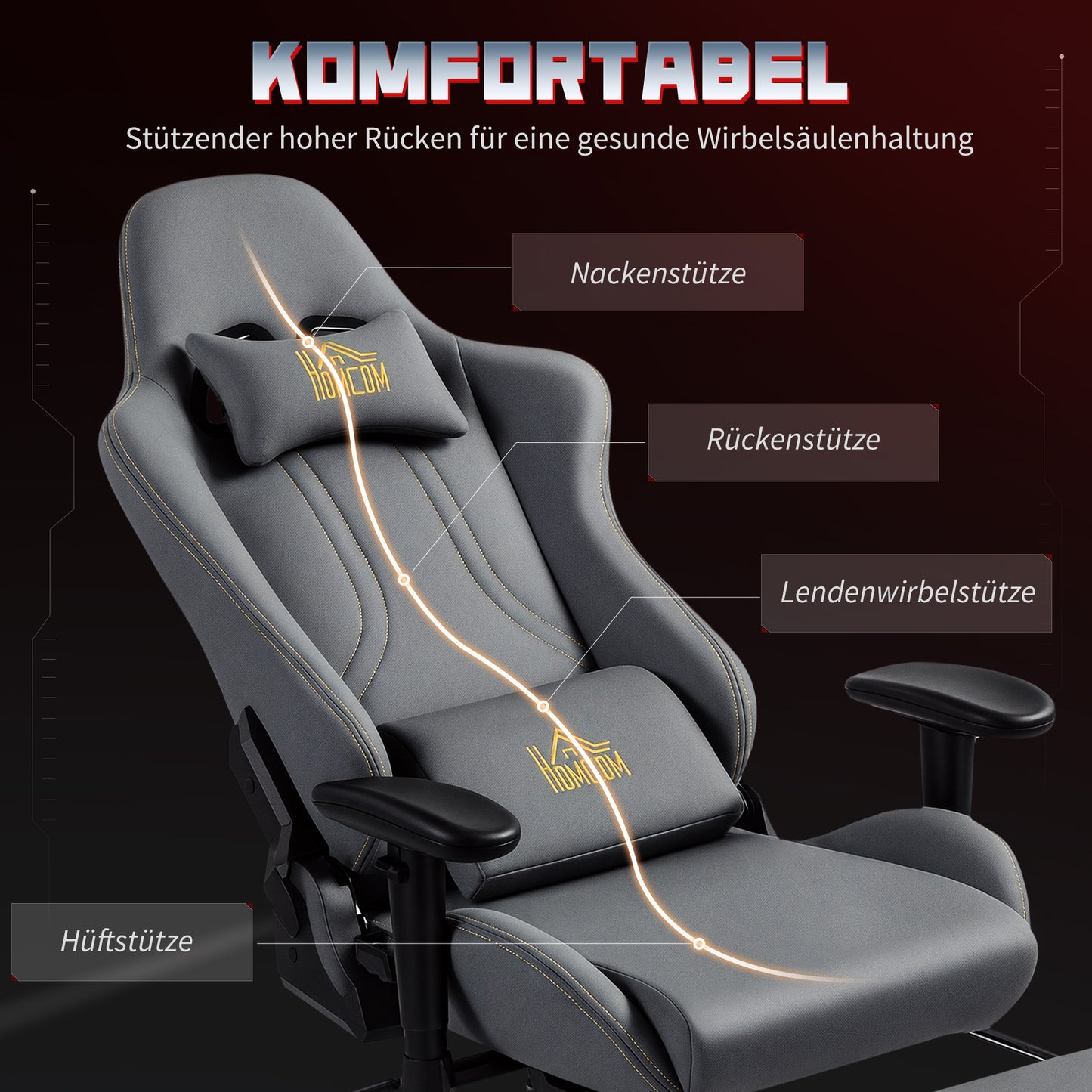 HOMCOM Ergonomischer Gaming-Stuhl med 3D-Armlehnen, verstellbar, rollbarer Schreibtischstuhl mit Lendenstütze, Grau