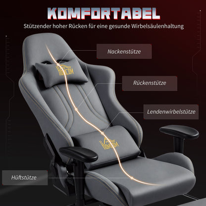 HOMCOM Ergonomischer Gaming-Stuhl med 3D-Armlehnen, verstellbar, rollbarer Schreibtischstuhl mit Lendenstütze, Grau
