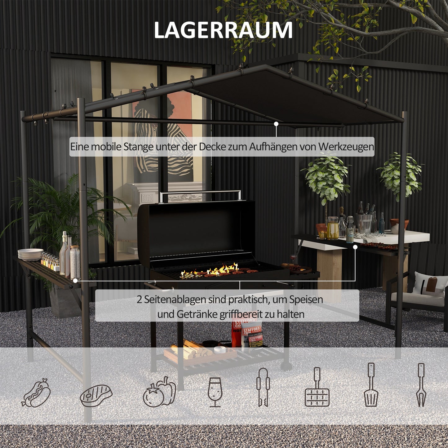 Outsunny Grillzelt Grilldach, wetterbeständig, inkl. Seitentaschen, 277 x 149 x 230 cm, Dunkelgrau