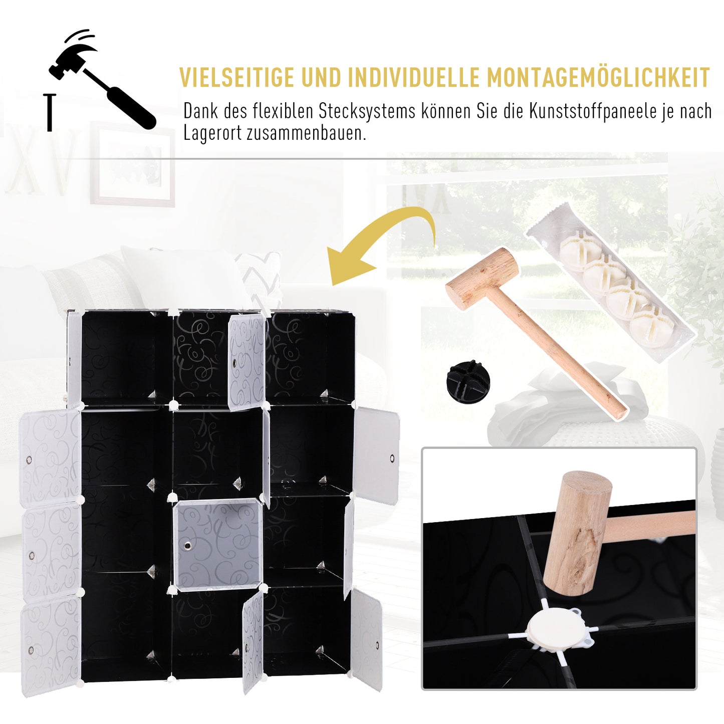 HOMCOM DIY Kleiderschrank Regalsystem mit 2 große und 9 kleinen Würfeln DIY-Würfelregal, Schuhregal, Aufbewahrungsregal für Büchern Spielzeug Schwarz 111 x 47 x 145 cm