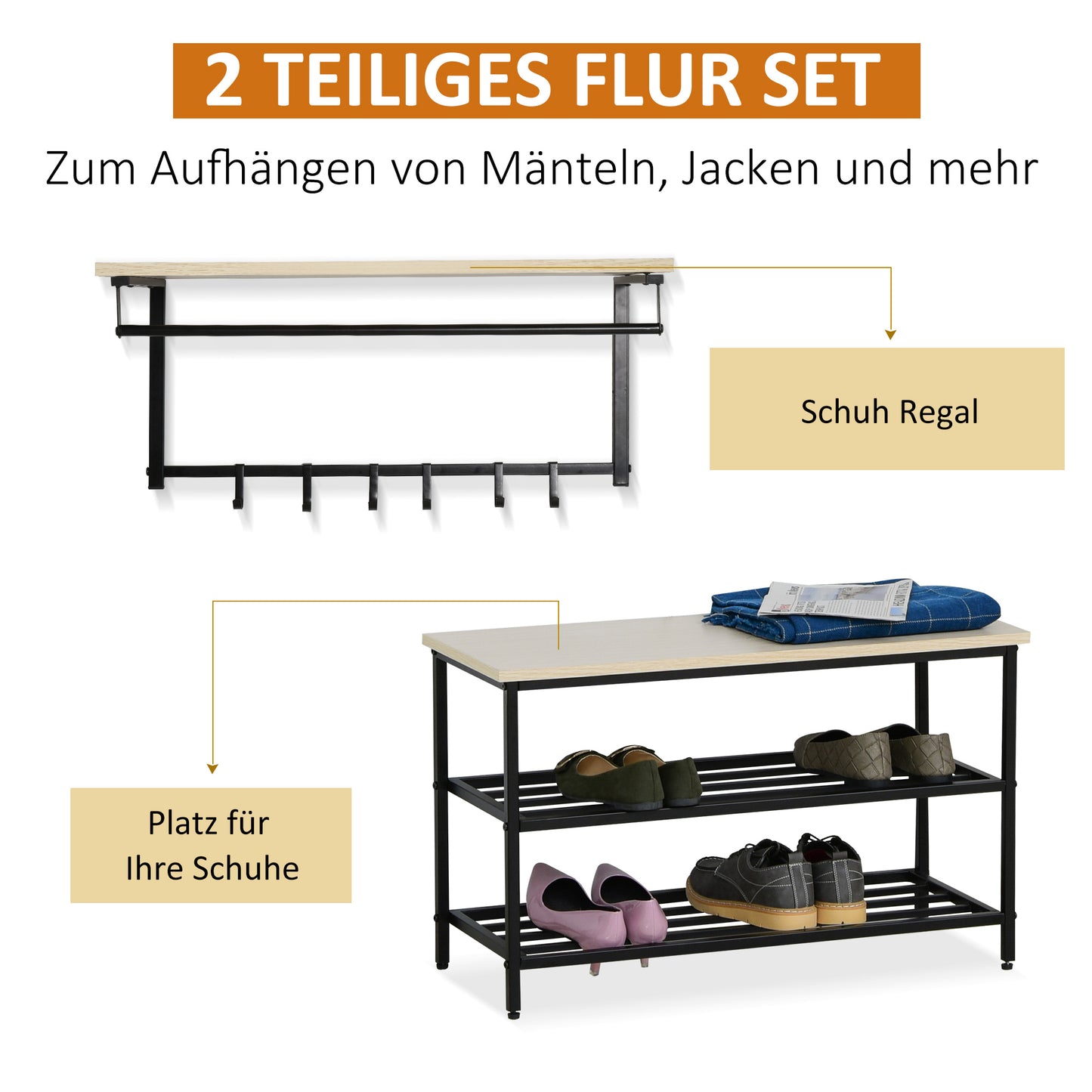 HOMCOM 2-in-1 Garderobenset Flurgaderobe mit Sitzbank Wandgarderobe für Eingangsbereich، 6 Haken، Natur+Schwarz، 75 × 30 × 45 سم (Sitzbank)