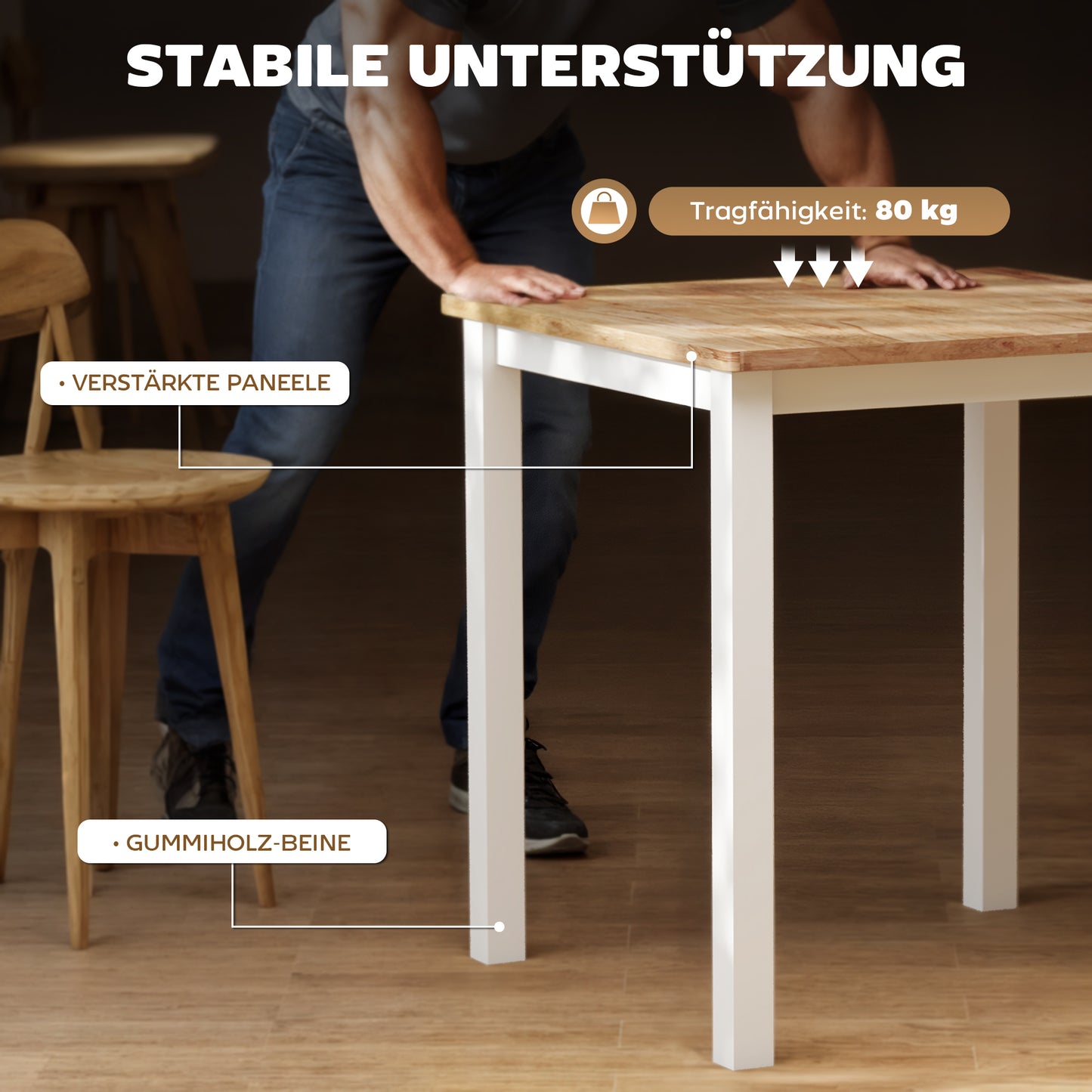 HOMCOM Esstisch aus Kautschukholz, für bis zu 4 Personen, Naturholz