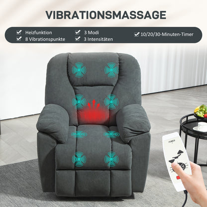 HOMCOM Elektrischer Relaxsessel mit Massage- und Wärme-Funktionen, Polstersessel mit USB-Anschluss, Seitentaschen, Grau