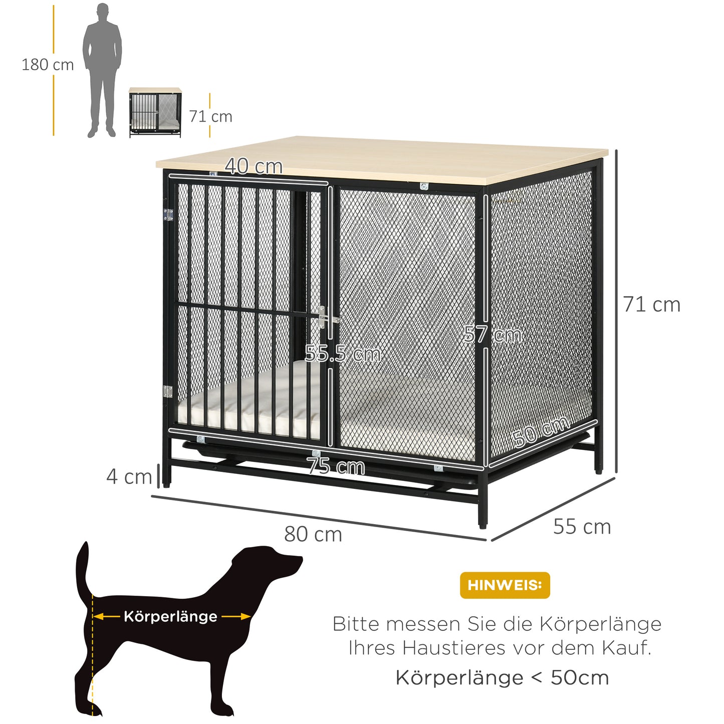 PawHut Hundekäfig, Hundebox, wasserabweisende Matte, herausnehmbare Bodenwanne, verriegelbar, Schwarz, 80 x 55 x 71 cm