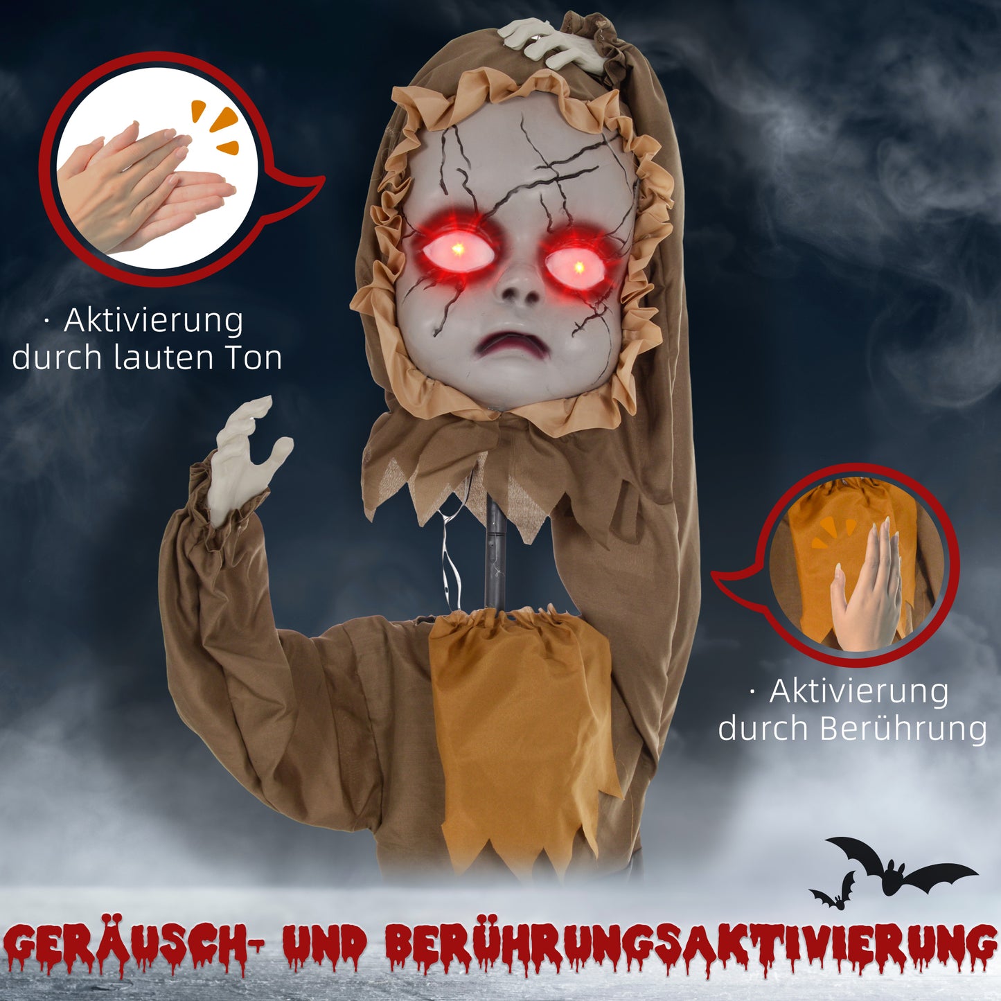 HOMCOM Grusel-Puppe Halloween-Dekoration, beweglicher Kopf, rote Augen, Batteriebetrieb