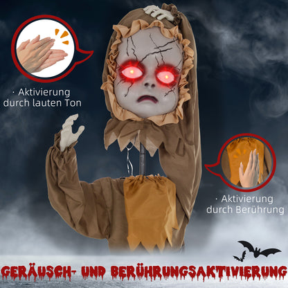HOMCOM Grusel-Puppe Halloween-Dekoration, beweglicher Kopf, rote Augen, Batteriebetrieb