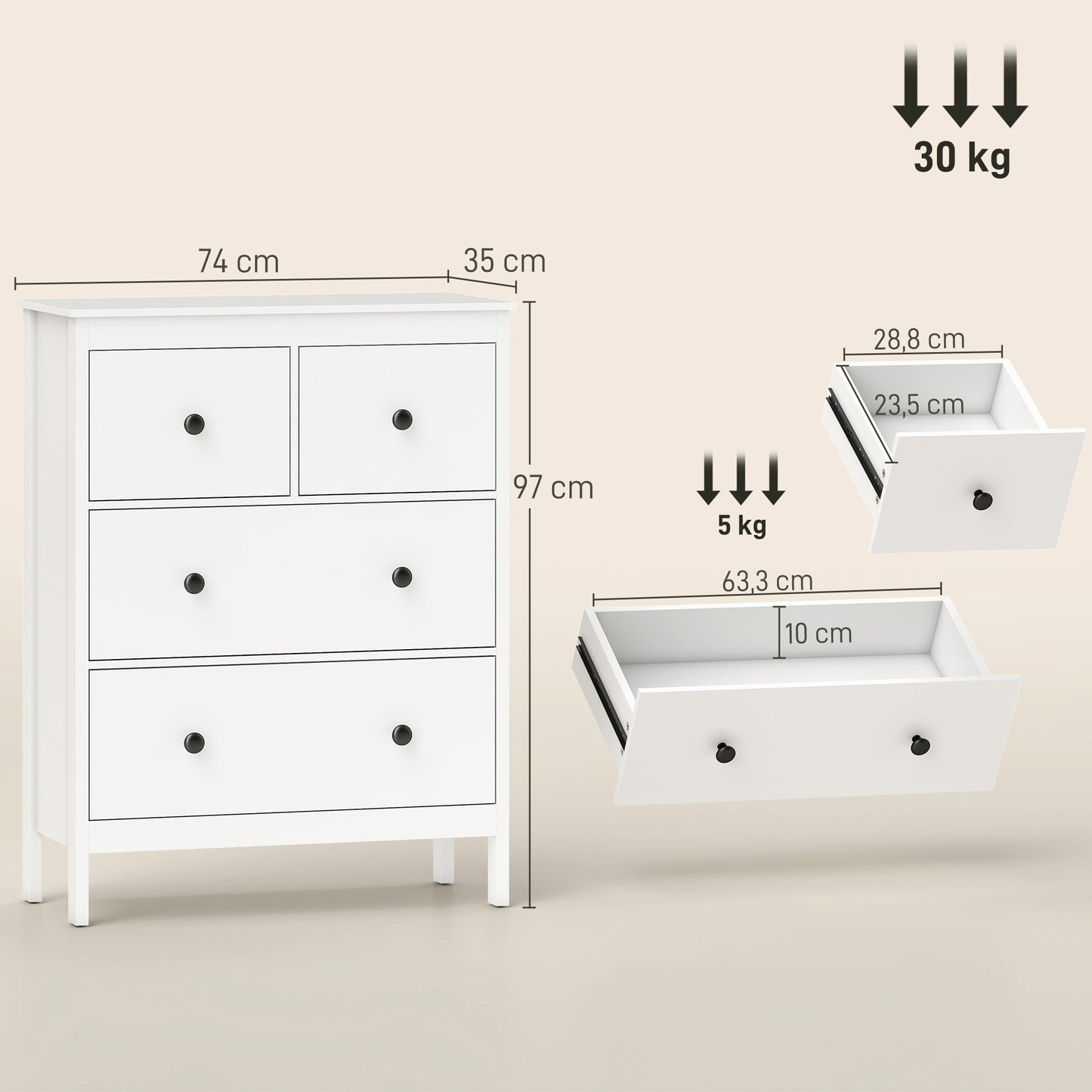HOMCOM Kommode mit 4 Schubladen, für Kleidung & Bettwäsche, Wohnzimmer, Schlafzimmer, Flur, Spanplatte, Weiß