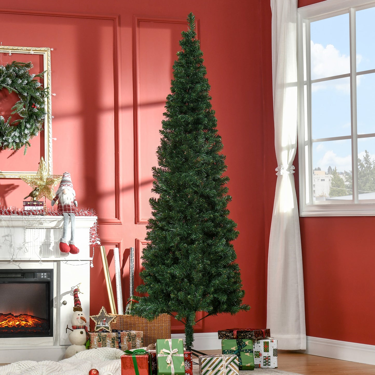 HOMCOM Weihnachtsbaum Kunsttanne künstlicher Christbaum, inkl. Standfuß, LED´s, 2,1 m, 1 Weihnachtsstern, Grün