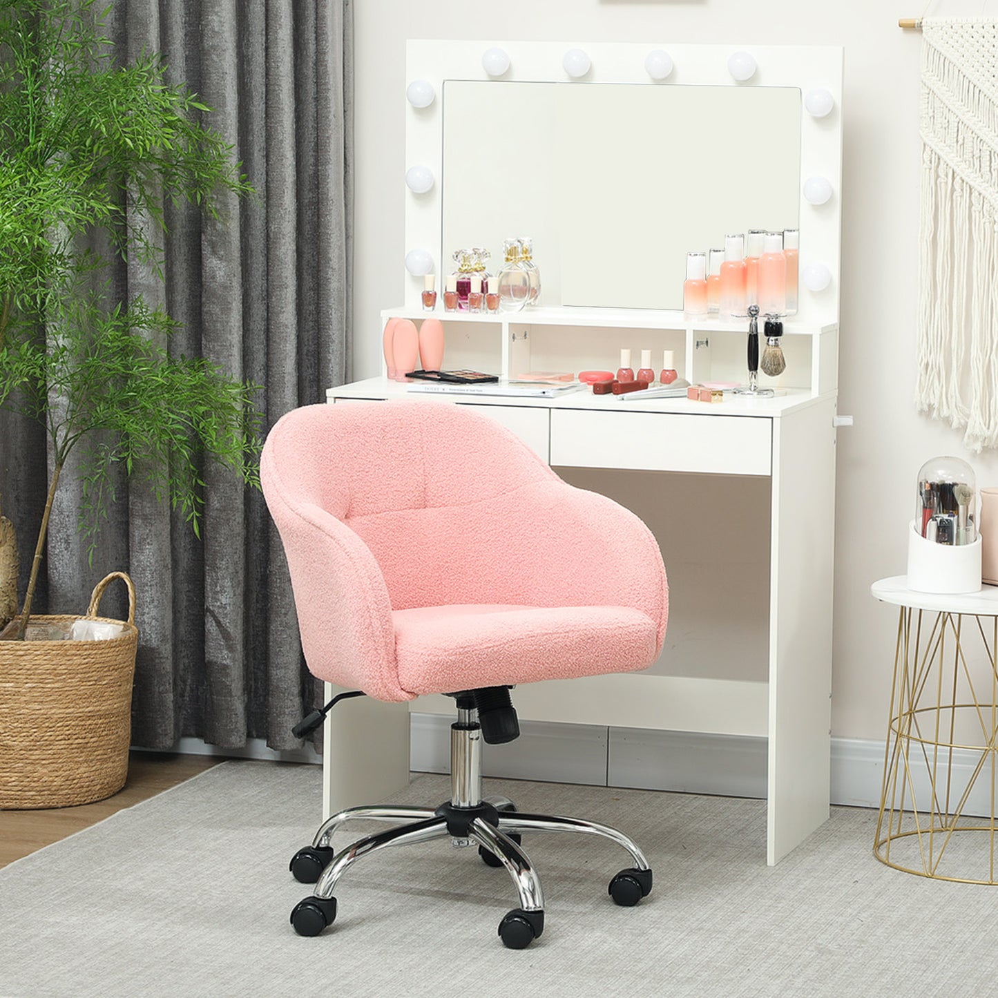 HOMCOM Homeoffice Stuhl, Ergonomisch Schreibtischstuhl mit Wippfunktion, Teddysamtoptik 56 x 61 x 86 cm Rosa