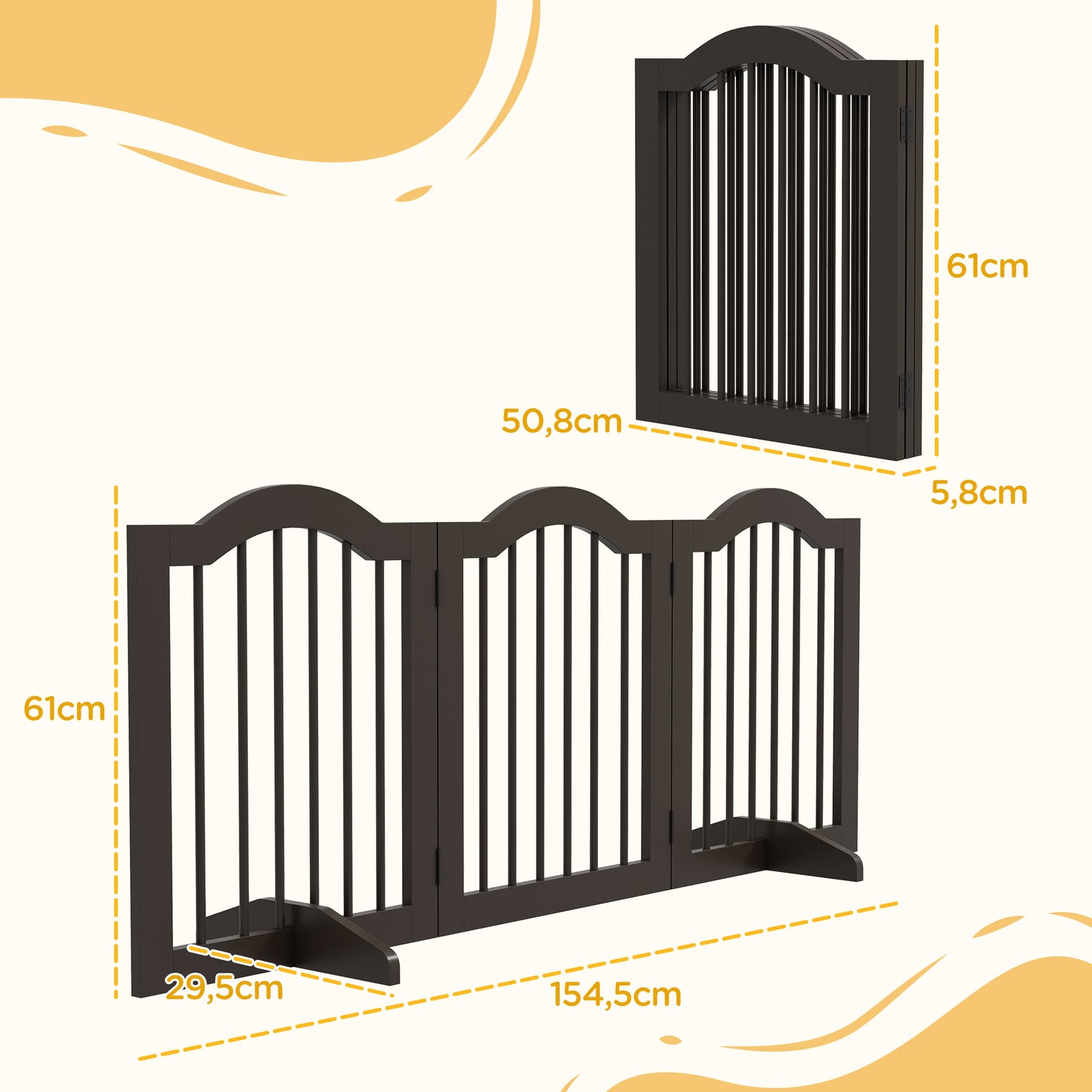 PawHut Hunde-Absperrgitter, 3 Paneele, klappbar, Massivholz und MDF, 154,5 x 29,5 x 61 cm, Kaffee