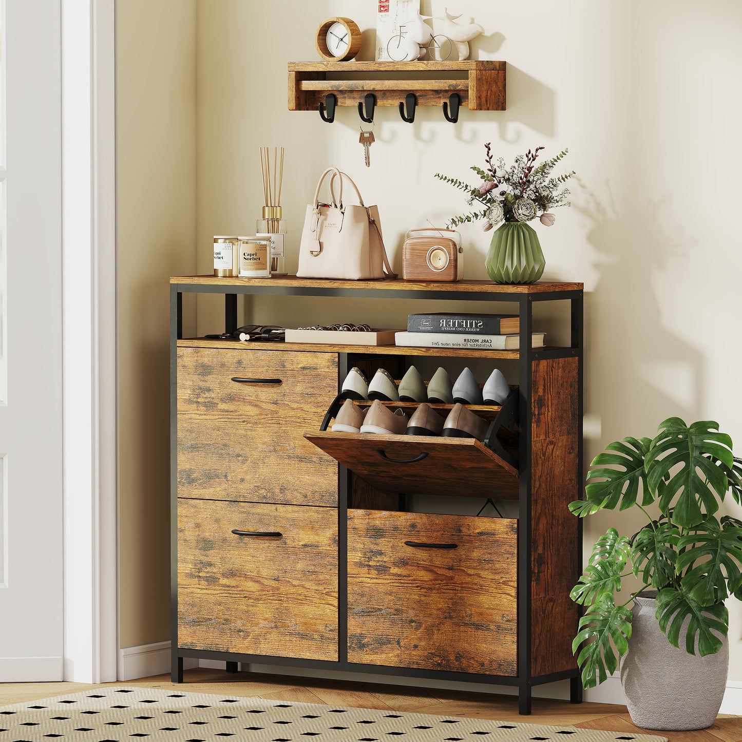 HOMCOM Schuhschrank mit 4 klappbaren Schubladen, schmales Design, offenes Regal, für 12-20 Paar Schuhe, Stahl, Braun