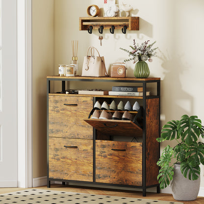 HOMCOM Schuhschrank mit 4 klappbaren Schubladen, schmales Design, offenes Regal, für 12-20 Paar Schuhe, Stahl, Braun