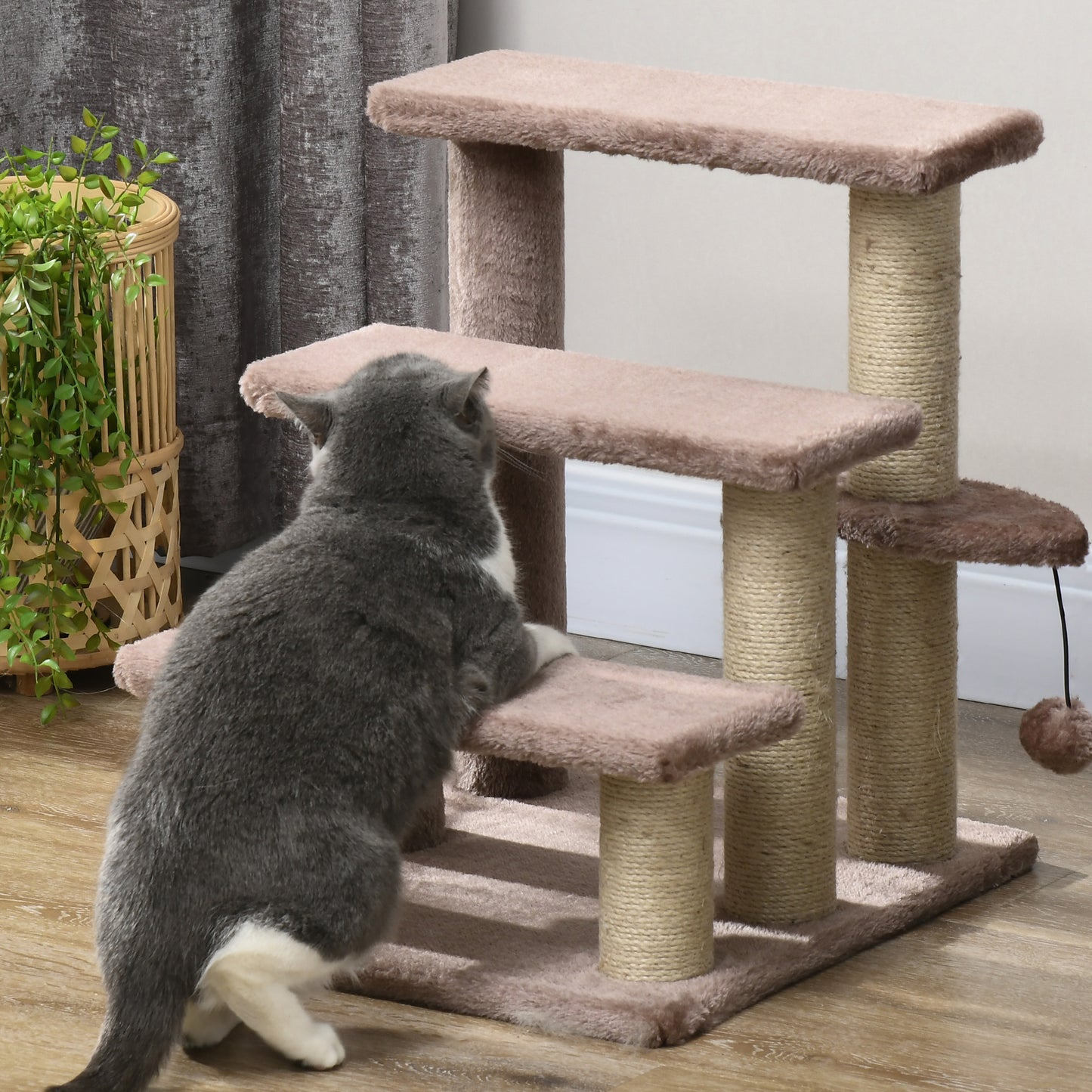 PawHut Kratzbaum, Haustiertreppe, 3 Stufen, Spielball, bis 5 kg, 45x40x48cm, Braun