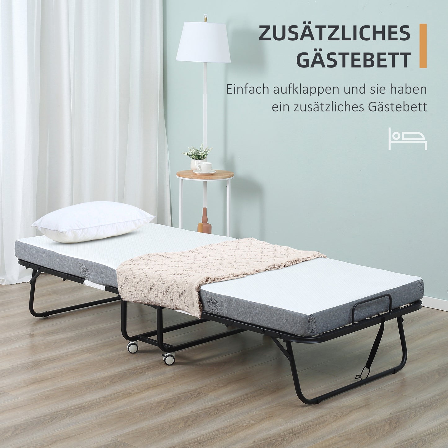 HOMCOM Klappbett 80x200 cm Erwachsene Gästebett Klappbar mit 10cm Dicker Schaumstoff Reisebett mit Stahlrahmen Feldbett mit Rollen bis 150 kg belastbar Einzelbett