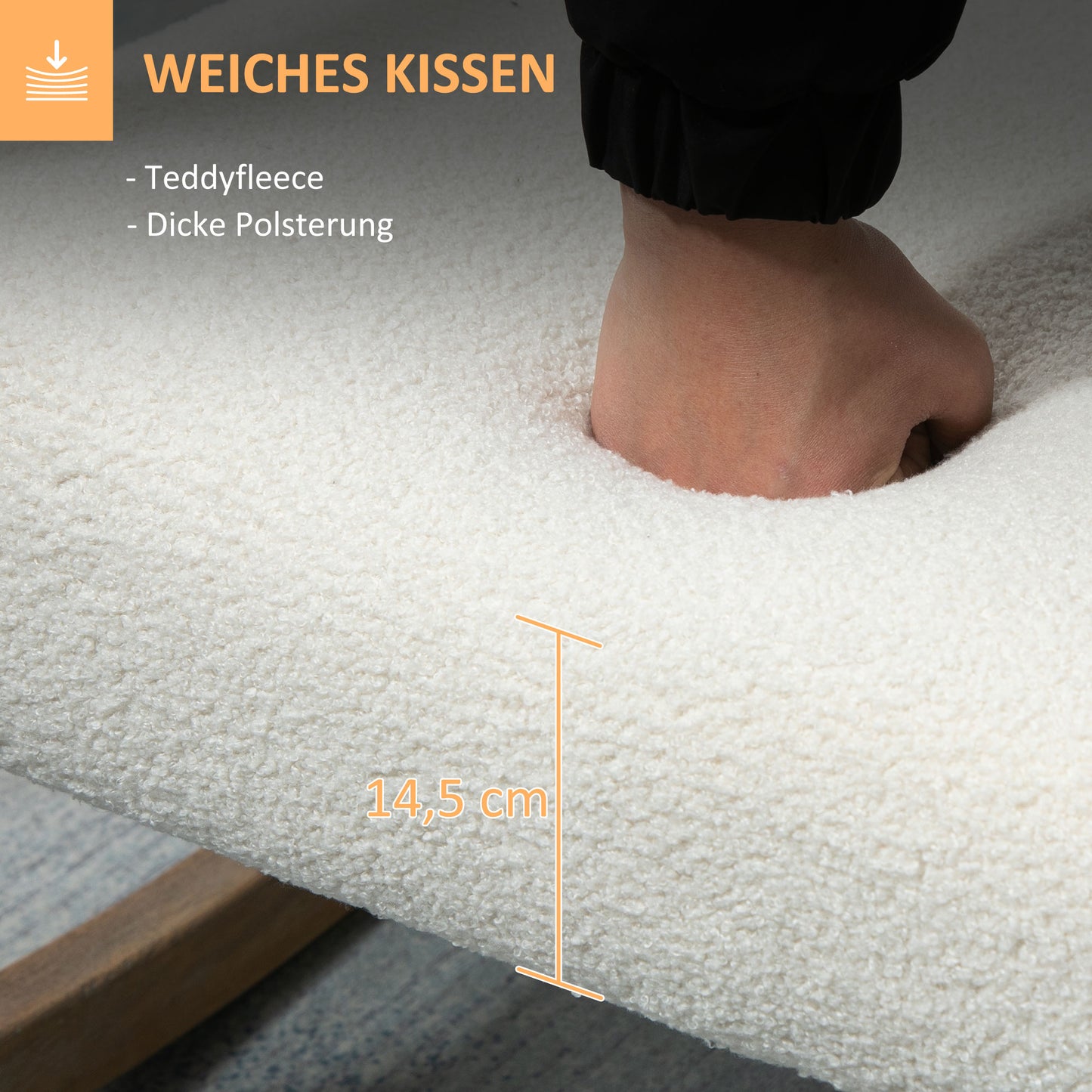 HOMCOM Schaukelstuhl mit Holzrahmen gepolstert Relax Stuhl Sessel Stuhl Wohnzimmersessel Lounge mit gepolsterter Sitzfläche Kautschukholz Cremeweiß 60 x 81 x 71 cm