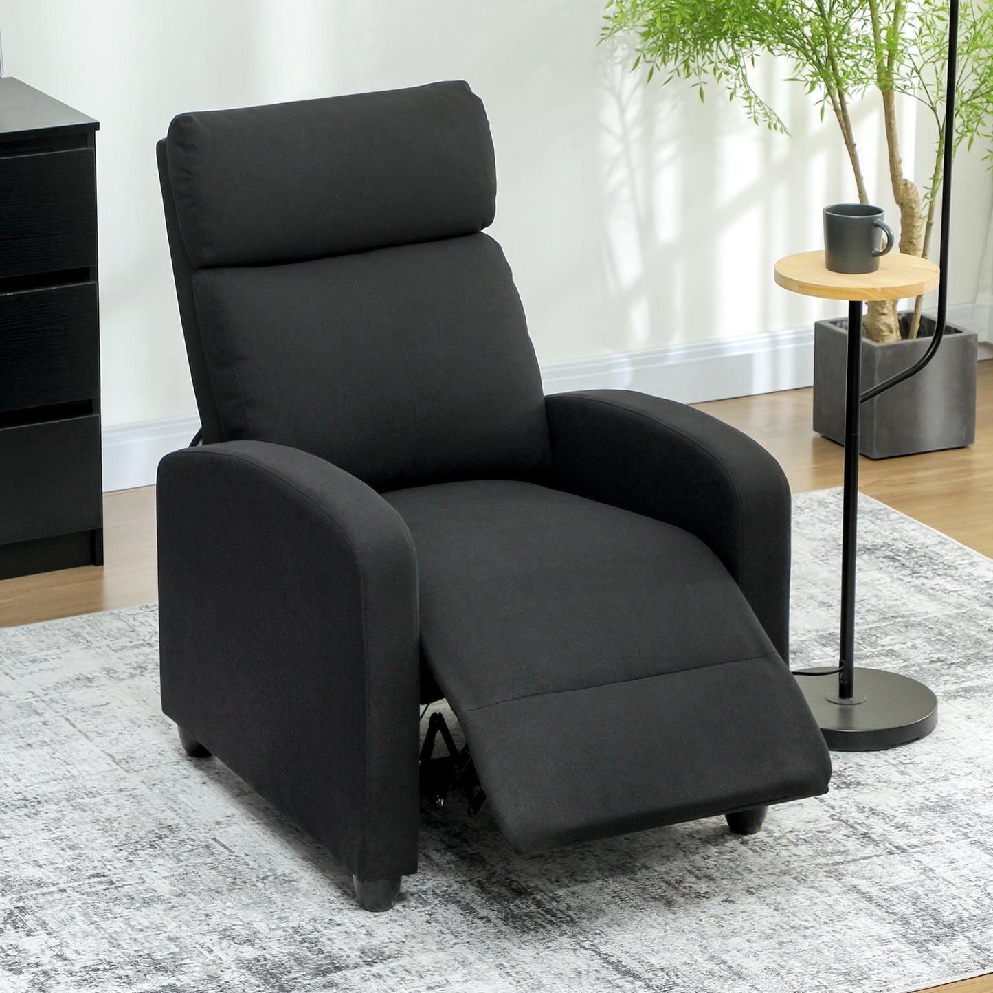HOMCOM Relaxsessel, verstellbar 135°, ausziehbare Fußstütze, gepolsterte Lehnen, Leinen-Polyester, Schwarz