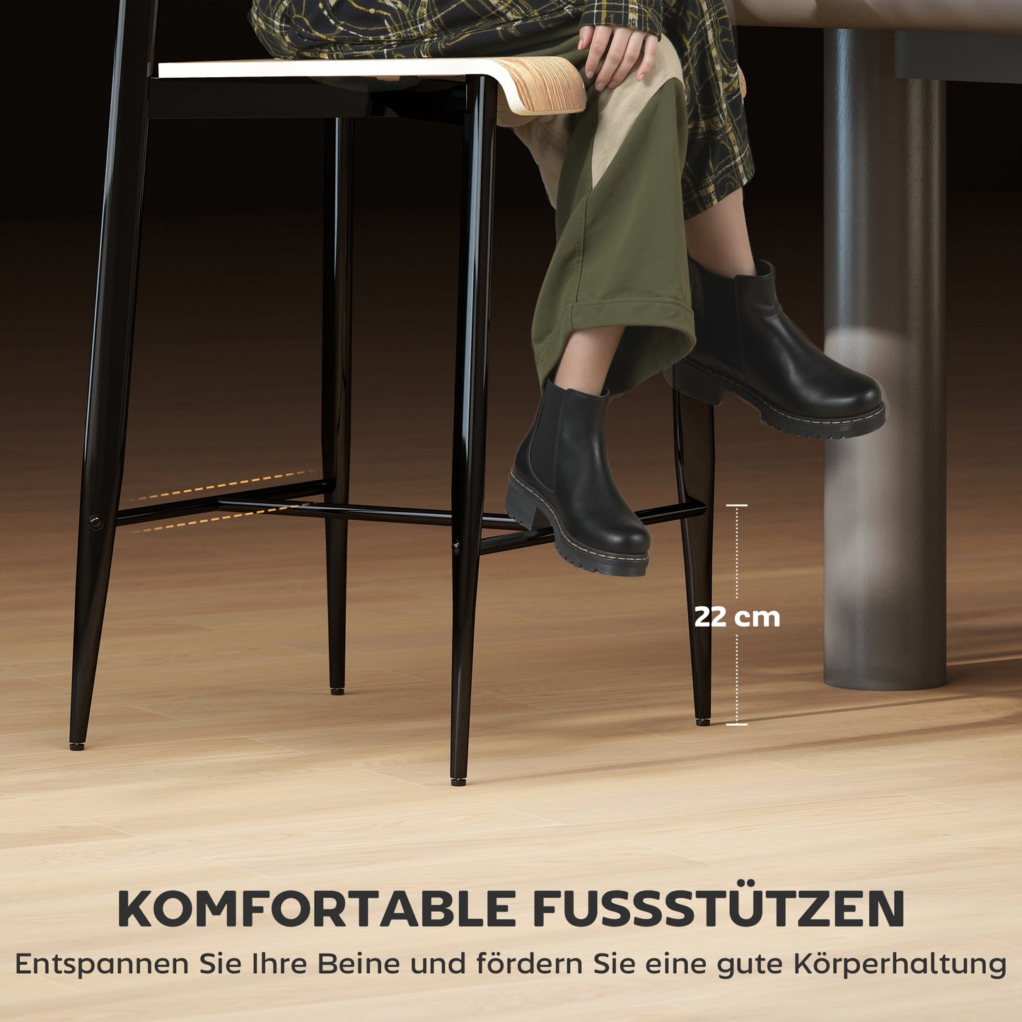 HOMCOM 2er-Set Barhocker, Barstühle mit Rückenlehne und Metallgestell, Holz, Hellbraun
